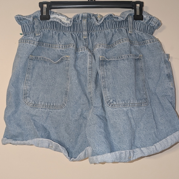 Plaid And Plain Blue Cotton Jean Shorts for Women - Picture 2 of 3